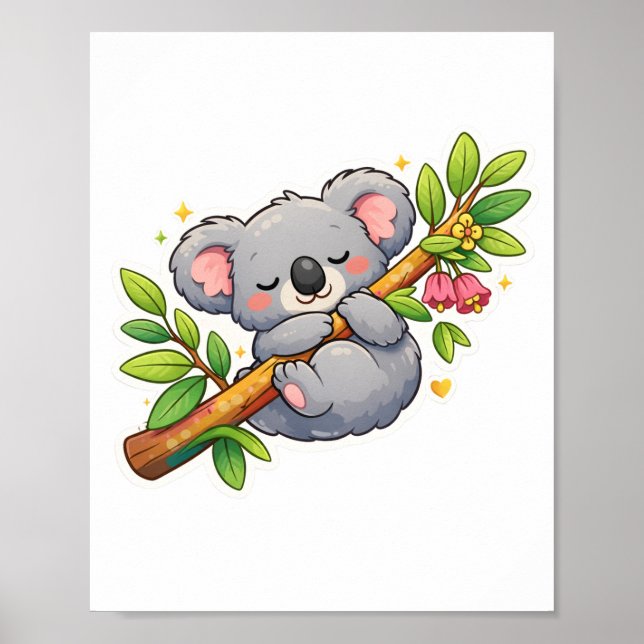 Poster Cute Sleeping Koala on Eucalyptus Branch Kawaii (Frente)