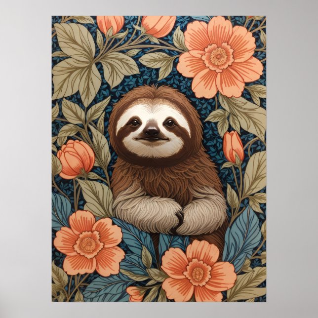 Poster Cute Sloth Elegant Floral William Morris Inspired (Frente)