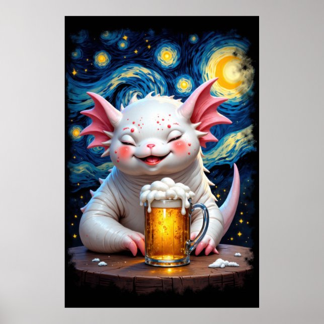 Poster Cute smiling monster with a mug of beer and starry (Frente)