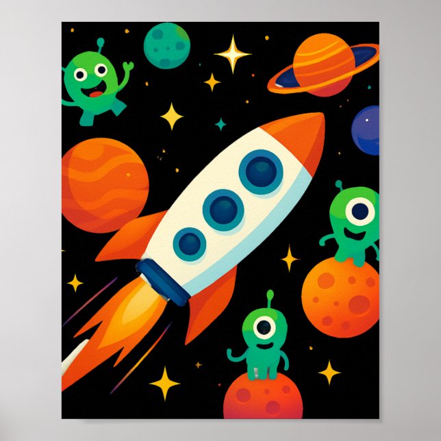 Poster Cute Space Rocket & Aliens Art (Frente)
