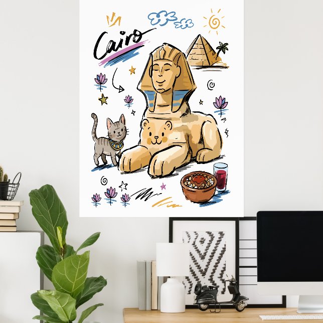 Poster Cute Sphinx Cairo Egito Arte Doodle (Escritório em casa)