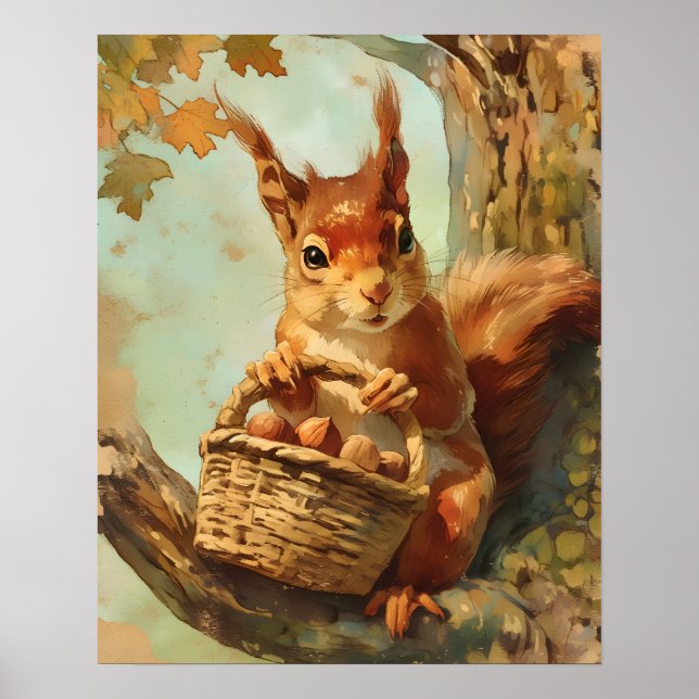 Poster Cute Squirrel Basket Baby Room Decor (Frente)