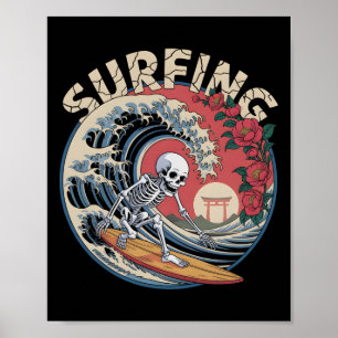 Poster Cute Surfando Tsunami Esqueleto Dia De Los Muertos