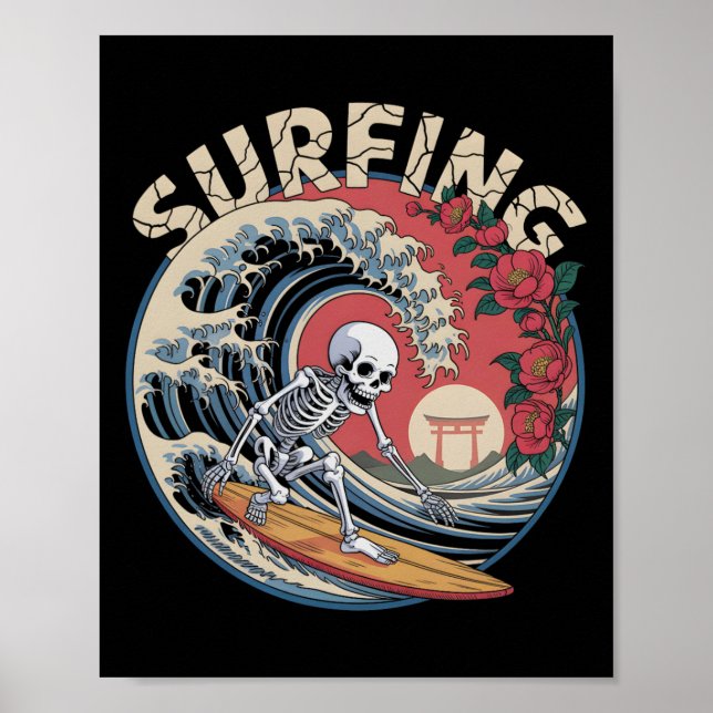 Poster Cute Surfando Tsunami Esqueleto Dia De Los Muertos (Frente)