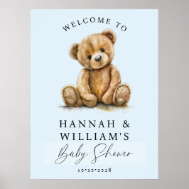 Poster Cute Teddy Bear Blue Boy Baby Shower Welcome Sign