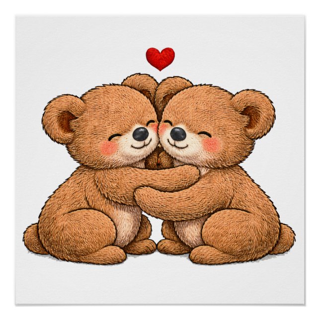 Póster Cute Teddy Bear Couple in Love – Embroidered Style (Frente)