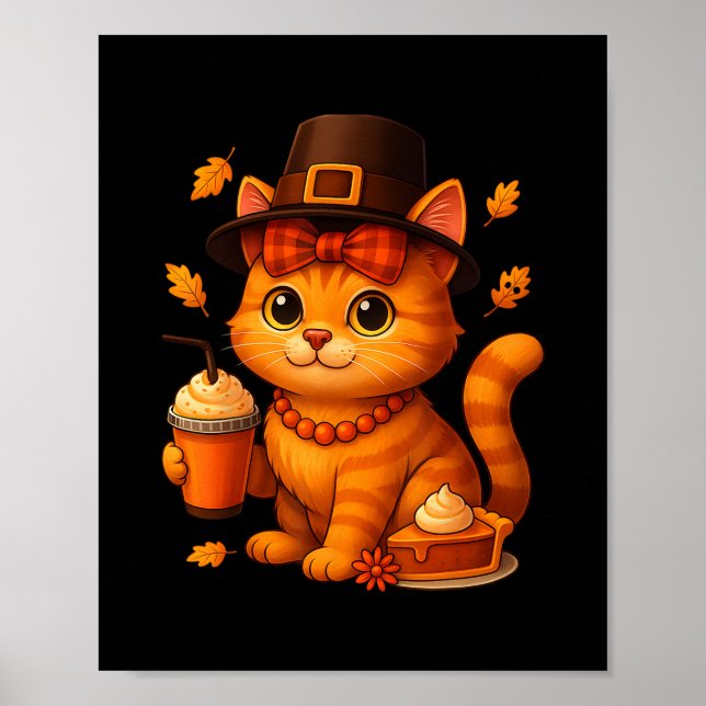 Poster Cute Thanksgiving Cat Fall Pumpkin Pie Latte Autum (Frente)