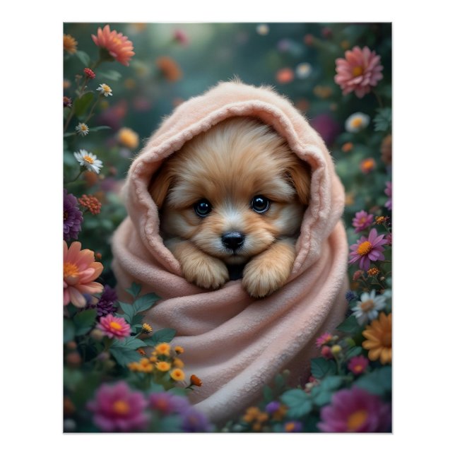 Póster Cute, tiny, fluffy puppy surrounded by flowers (Frente)