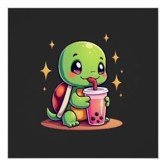 Póster Cute turtle drinking boba. Funny Boba Turtles Love