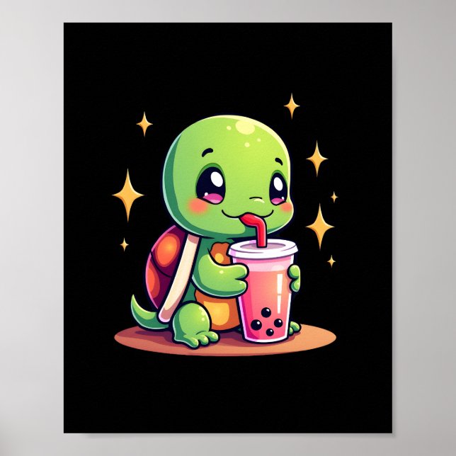 Poster Cute turtle drinking boba. Funny Boba Turtles Love (Frente)