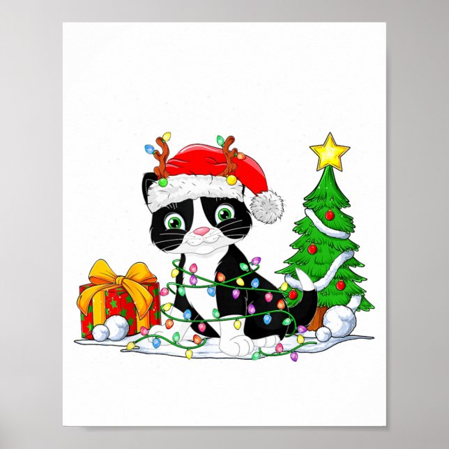 Poster Cute Tuxedo Cat Santa Christmas Tree Lights Xmas T (Frente)