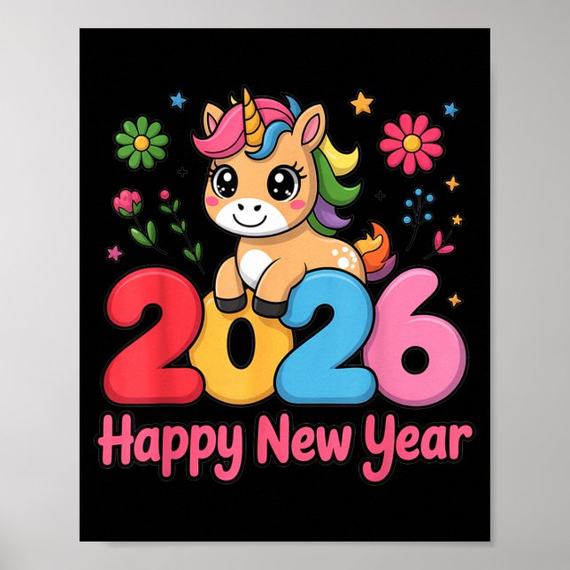 Poster Cute Unicorn 2026 Horse Year Happy New Year Kawaii (Frente)