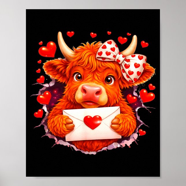 Poster Cute Valentine Highland Cow With Heart Bow Western (Frente)