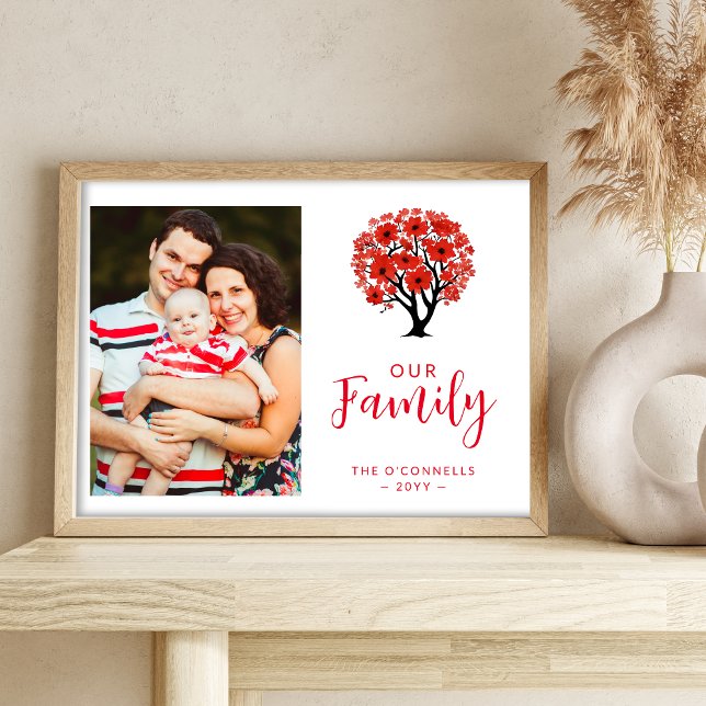 Poster Cute Vibrant Red Floral Family Tree Photo ( Cute Vibrant Red Floral Family Tree Photo Poster. )