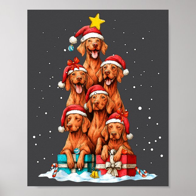 Poster Cute Vizsla Viszla Dog Christmas Tree Xmas Hat  (Frente)