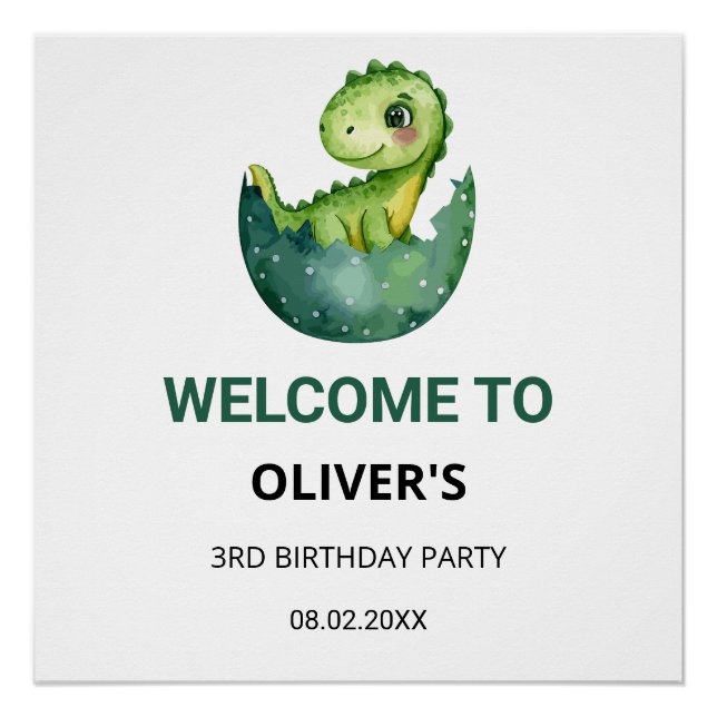 Póster Cute Watercol Dinosaur Kids Birthday Party Welcome (Frente)