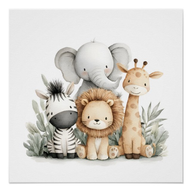 Póster Cute Watercolor Baby Safari Animals Group Print (Frente)