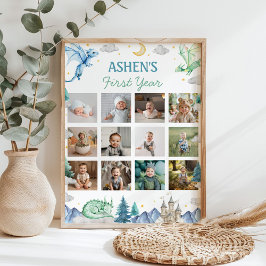 Poster Cute Watercolor Dragon First Year Photo Milestone
