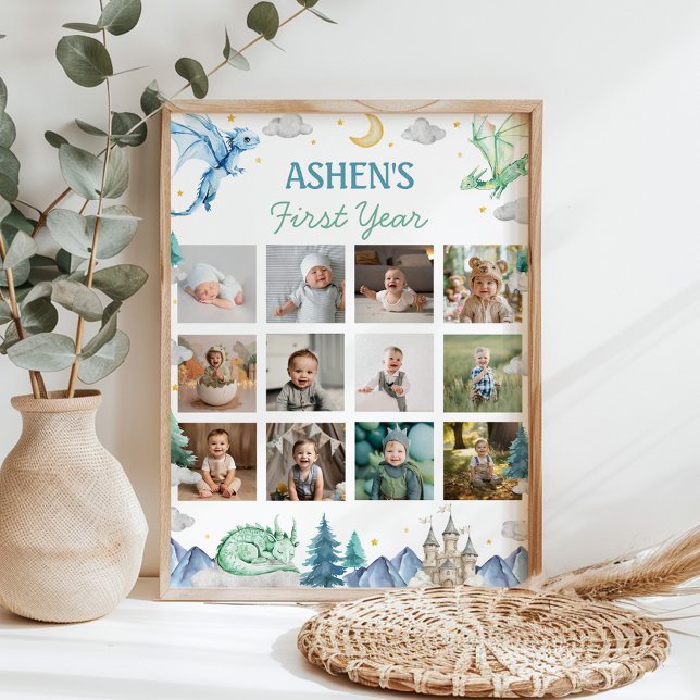 Poster Cute Watercolor Dragon First Year Photo Milestone (Criador carregado)