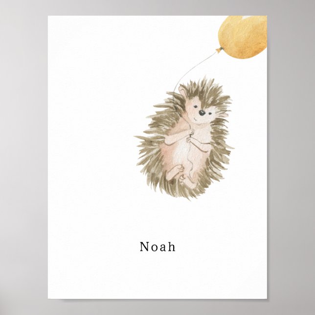 Poster Cute Watercolour Hedgehog With Balloon Name (Frente)
