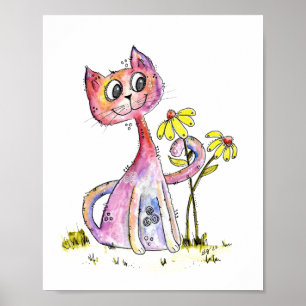 Poster Cute Whimsical Pink Cat with Yellow Flowers