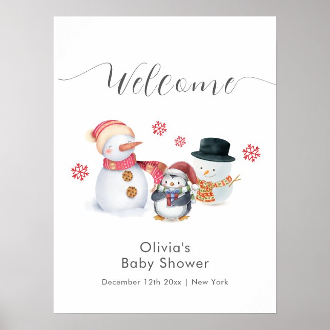 Poster Cute Winter Penguin Snowman Baby Shower Welcome  (Frente)