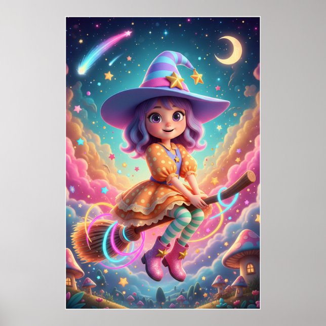 Poster Cute Witch Girl Flying on Broom | Kawaii Fantasy  (Frente)