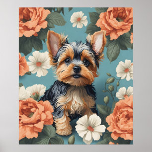 Poster Cute Yorkshire Terrier Puppy Floral