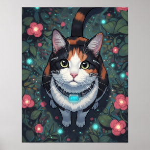 Poster Cyber Cat Bloom Felino Cybernético Floral