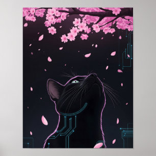 Poster Cyber Cat Blossom Noir Futurística Feline