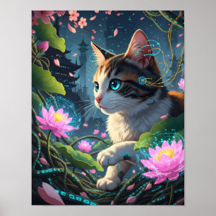 Poster Cyber Cat Lotus Bloom Jardim Felino Futurístico