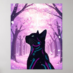 Poster Cyber Cat Midnight   Floresta de Flor de Cereja Ro
