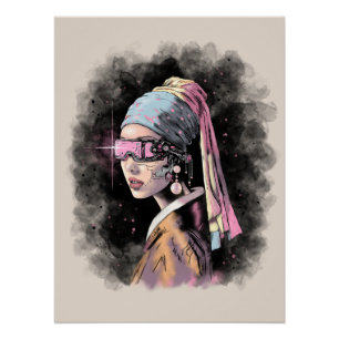 Póster Cyber-Girl com uma pérola a ouvir