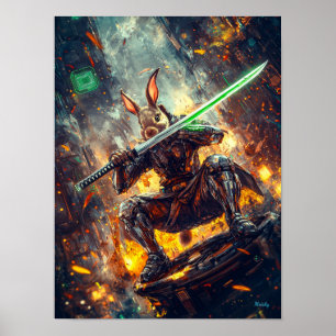 Poster Cyber Ronin Rabbit – Guardião da Lâmina Neon