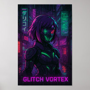 Poster Cyberpunk Anime Girl in Neon Cityscape