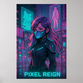 Poster Cyberpunk Anime Girl - Pixel City