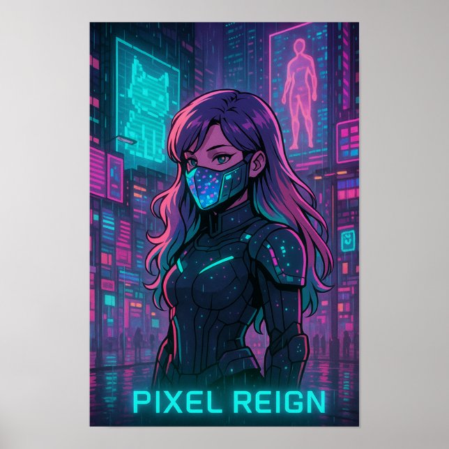 Poster Cyberpunk Anime Girl - Pixel City (Frente)