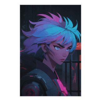 Póster Cyberpunk Anime Girl with Neon Hair – Futuristic 