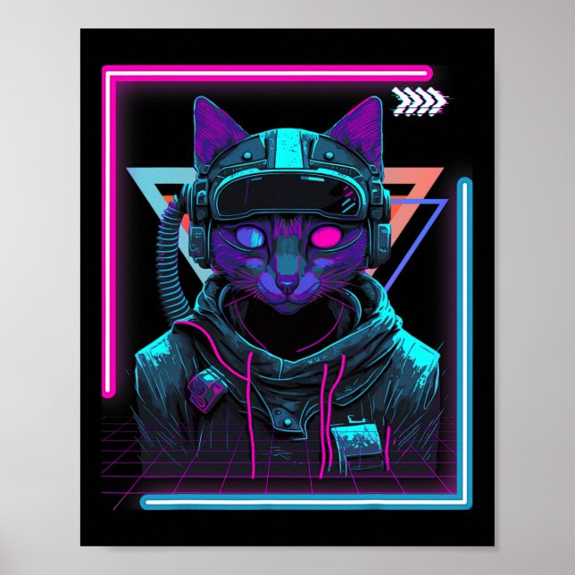 Poster Cyberpunk Cat Gatinho Punker Futurístico Cyber Pun (Frente)