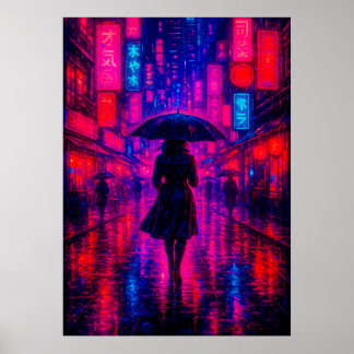 Poster Cyberpunk City Night com Neon Lights e Umbrella