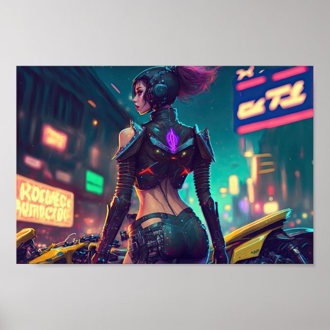 Poster Cyberpunk cityscape lança moto (Frente)