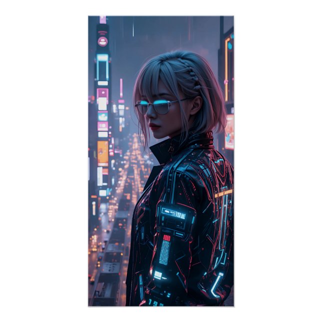 Póster Cyberpunk Cityscape Poster Futurística Female Hack (Frente)