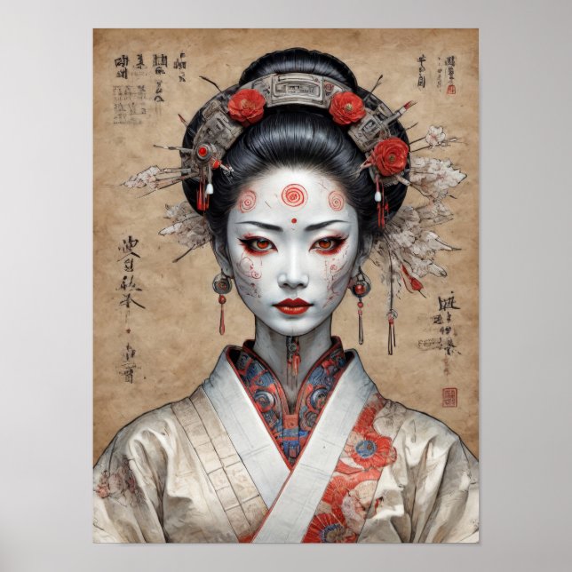 Poster Cyberpunk geisha japonês em pergaminho (Frente)