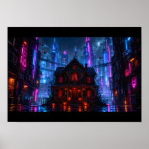 Cyberpunk Halloween Maison Hantée Ville Néon