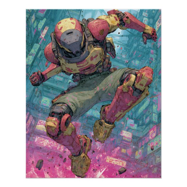 Póster Cyberpunk Mecha Pilot Leap Neon City Action Art (Frente)