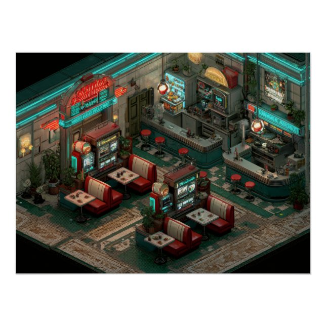 Póster Cyberpunk Neon Diner Isometric Art (Frente)