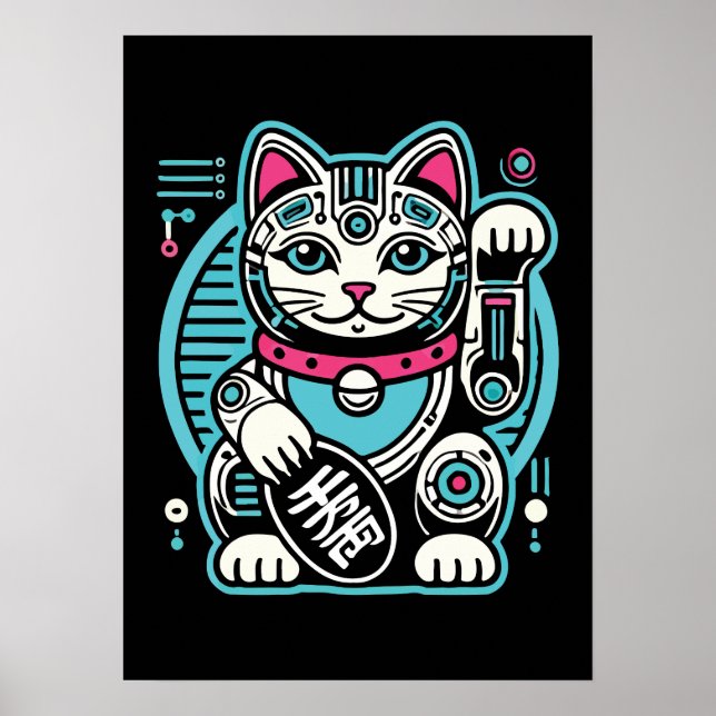 Poster Cyberpunk Robot Maneki Neko Lucky Cat, Dinheiro (Frente)