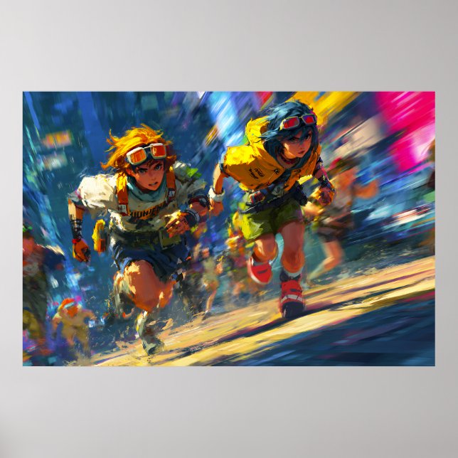Poster Cyberpunk Runners Sprint Neon Rain City Action Art (Frente)