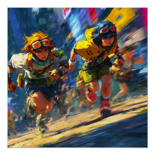 Póster Cyberpunk Runners Sprint Neon Rain City Action Art (Frente)