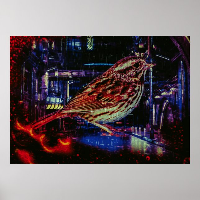 Poster Cyberpunk Sparrow em Neon Cityscape (Frente)